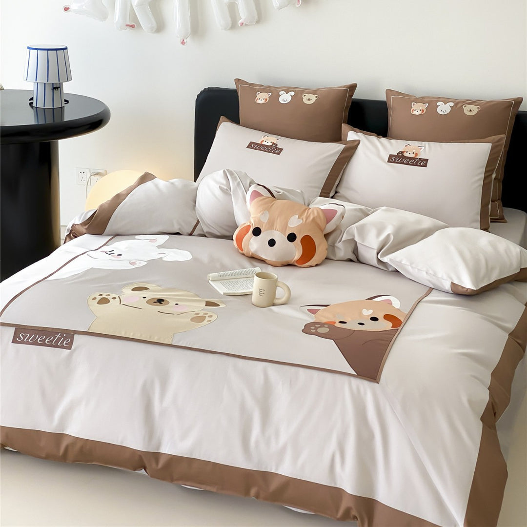 Sateen Cotton Duvet Cover Set with Cute Animal Appliqué
