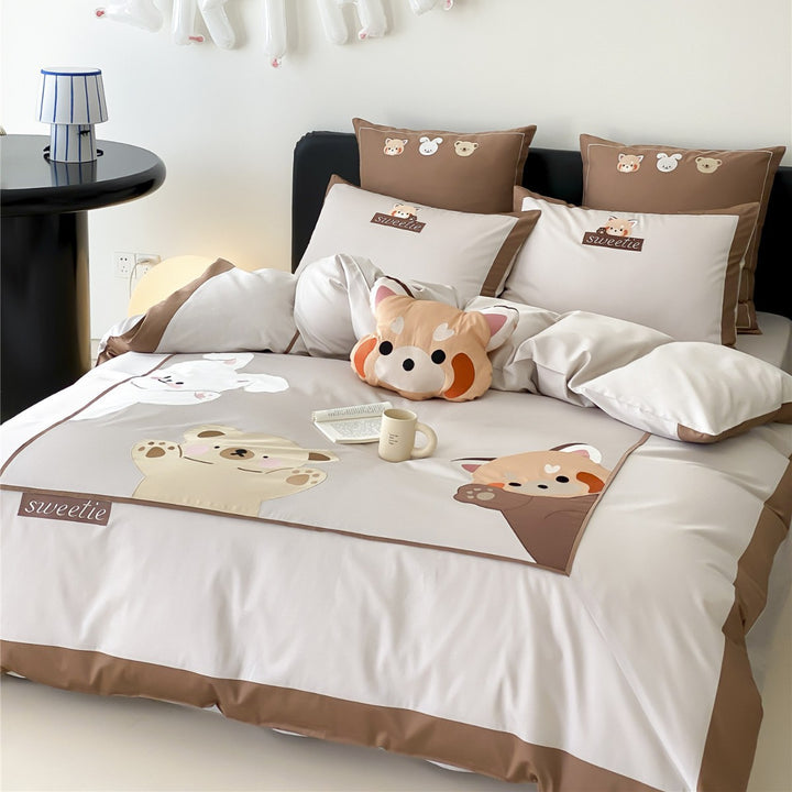 Sateen Cotton Duvet Cover Set with Cute Animal Appliqué