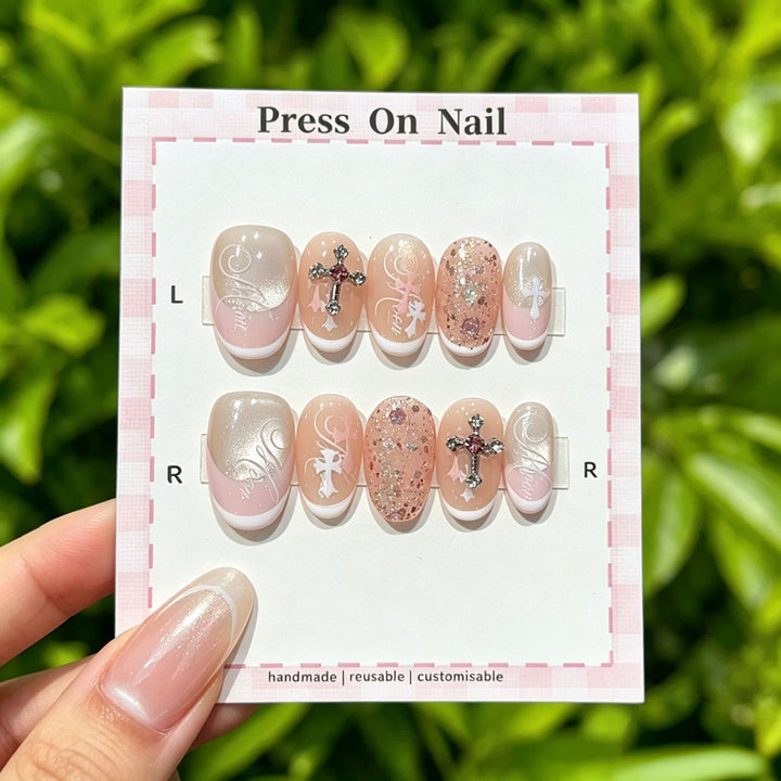 Decorative Press-On Nail Set with Gem Accents  1791774365