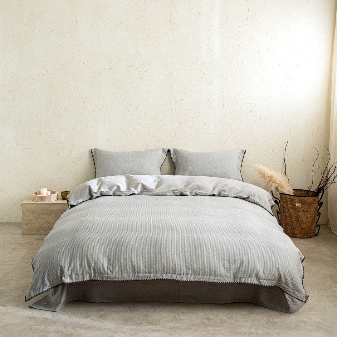 Stonewashed Linen-Blend Textured Stripe Duvet Cover Set with Reversible Corduroy Finish