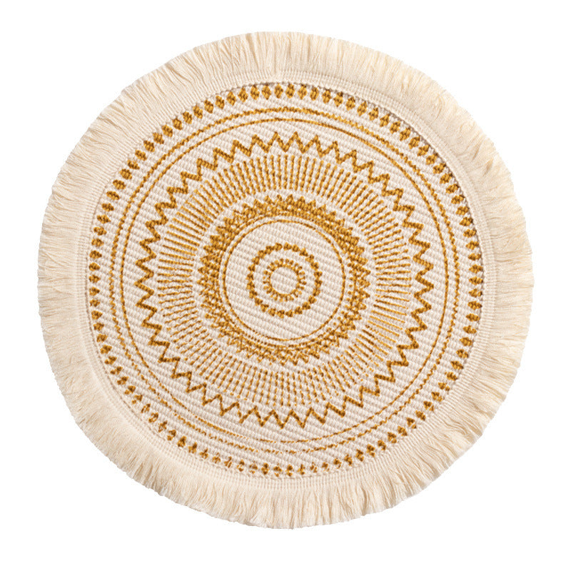 Round woven Boho rug mat with decorative fringes Stornfield