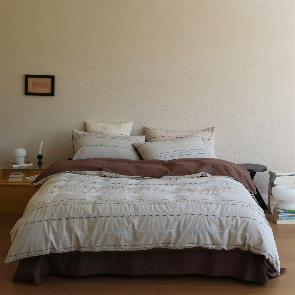 Reversible Cotton-Linen Duvet Cover Set with Eyelet Stripe Embroidery and Envelope Closure