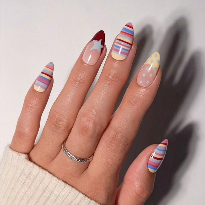 Artificial nail set with colorful stripes and creative designs Stornfield