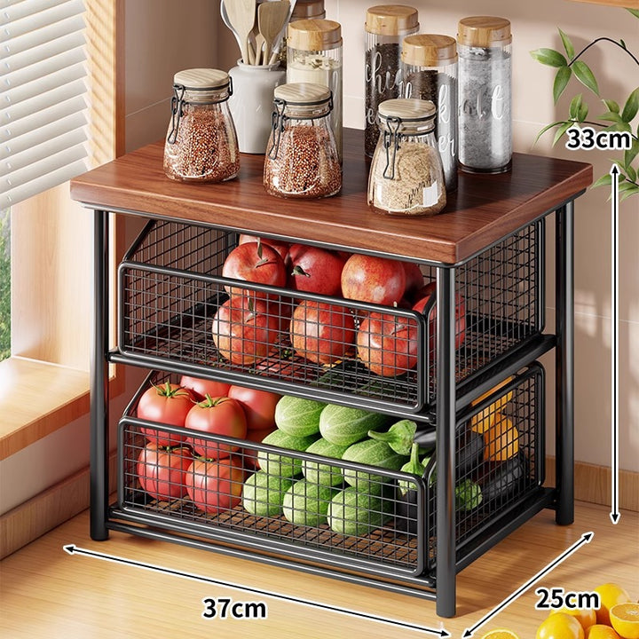 Countertop Bamboo-Top Metal Mesh Sliding Storage Shelf with Pull-Out Basket