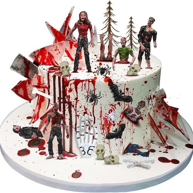 Creepy Halloween Cake Decoration Set with Zombies, Skulls, and Acrylic Splinters