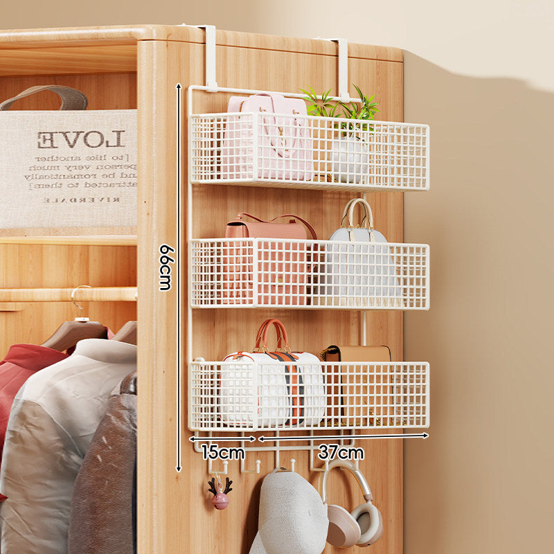 Over-Door Four-Tier Metal Mesh Hanging Storage Organizer with Integrated Hooks