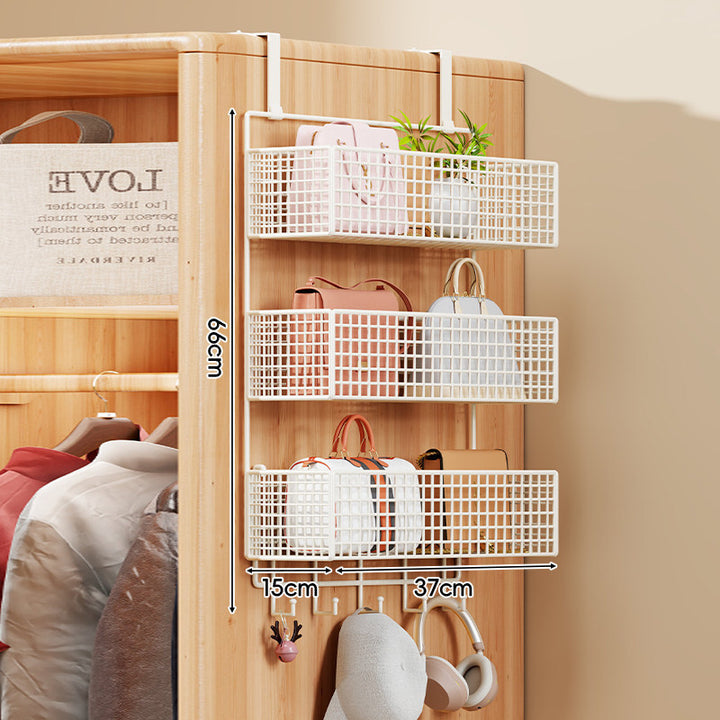 Over-Door Four-Tier Metal Mesh Hanging Storage Organizer with Integrated Hooks
