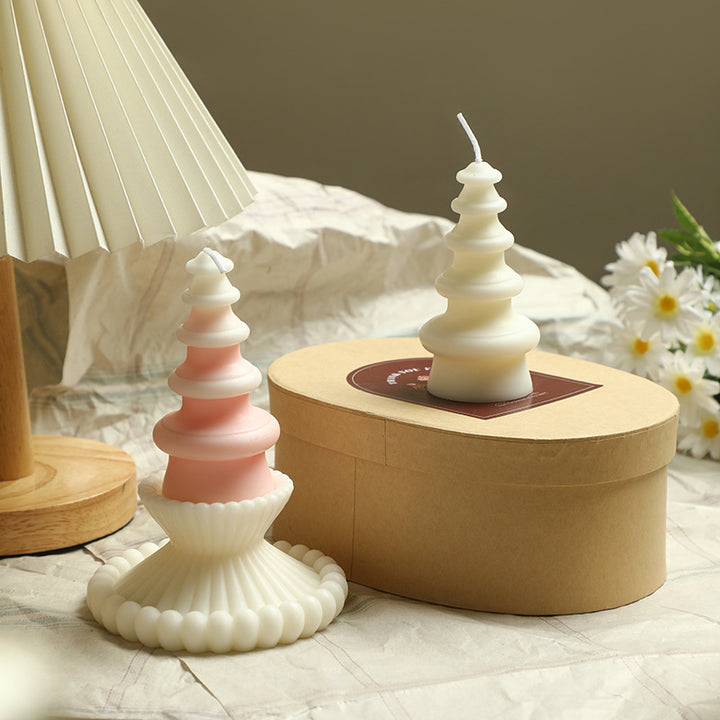 Sculptural Tiered Tree Decorative Candle with Fluted Scalloped Pedestal