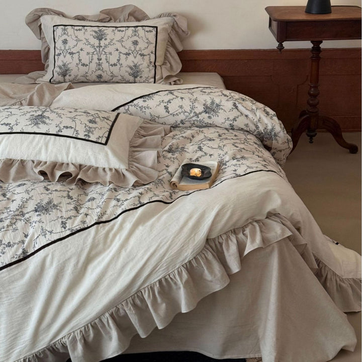 Ruffled Linen-Cotton Duvet Cover Set with Embroidered Toile Panel and Pillow Shams