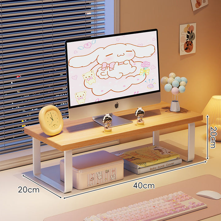 Low-Profile Wooden Monitor Riser with Metal Legs and Under-Shelf Storage