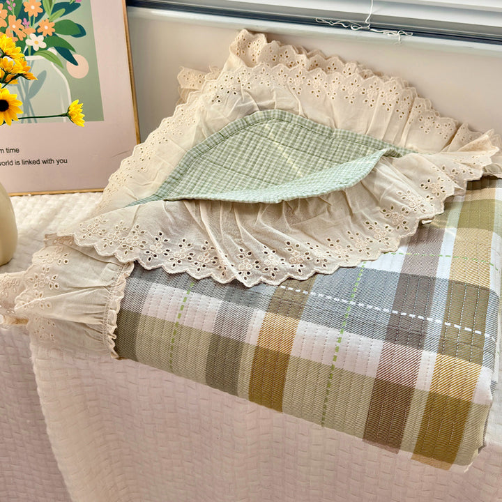 Quilted Floral Reversible Throw Blanket with Eyelet Lace Ruffle