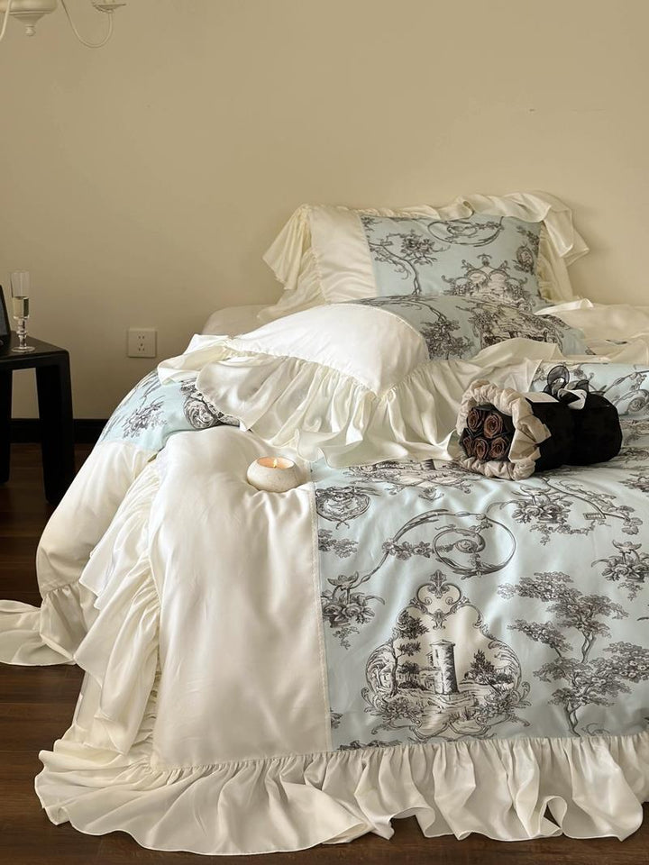 Ruffled satin bedding set in vintage toile design with frill