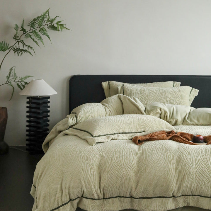 Quilted Microfiber Duvet Cover Set with Piped Shams and Embossed Leaf Texture