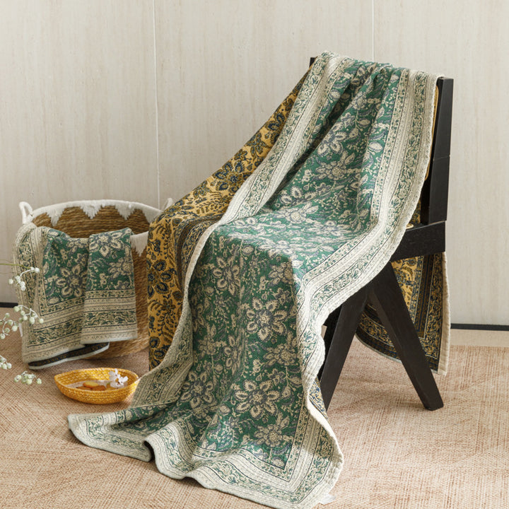 Reversible Quilted Kantha Throw Blanket with Floral Block Print