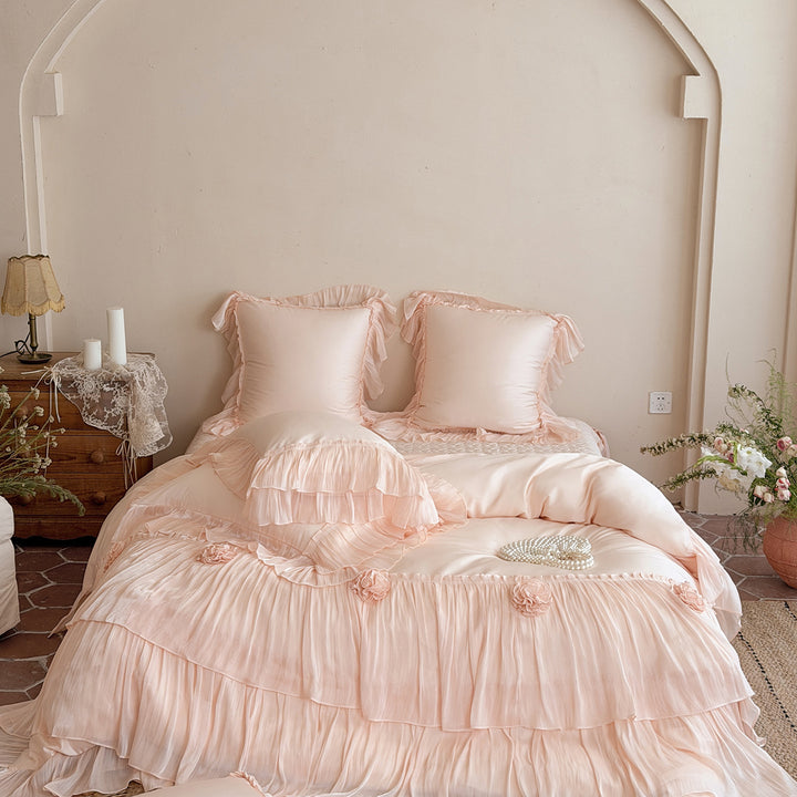 Romantic Layered Chiffon Pleated Duvet Cover & Ruffle Sham Set