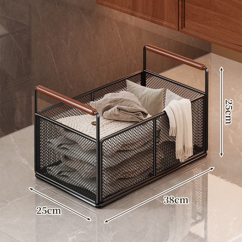 Rectangular Metal Mesh Storage Basket with Dual Wood-Hand Grips