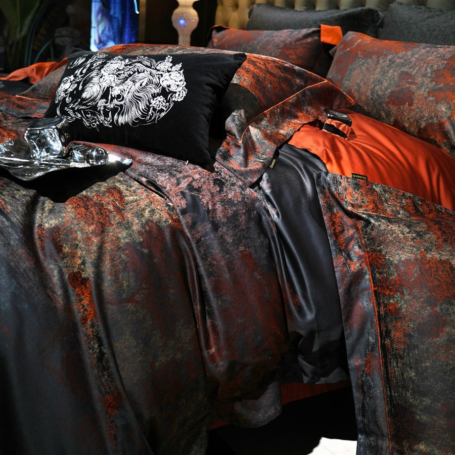 Reversible Satin-Blend Luxe Duvet Cover Set with Abstract Metallic-Wash and Hidden Corner Ties