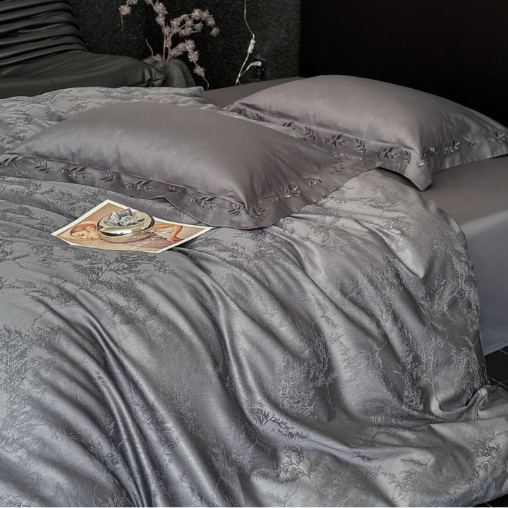 Embroidered Satin-Jacquard Duvet Cover Set with Leaf-Edge Pillow Shams