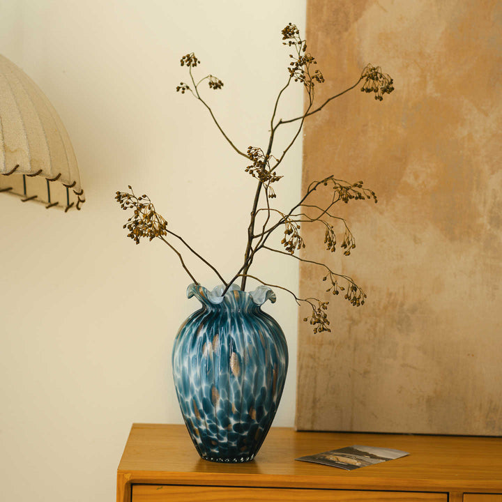 Handblown Sculptural Rippled Bulb Vase with Ruffled Neck Stornfield