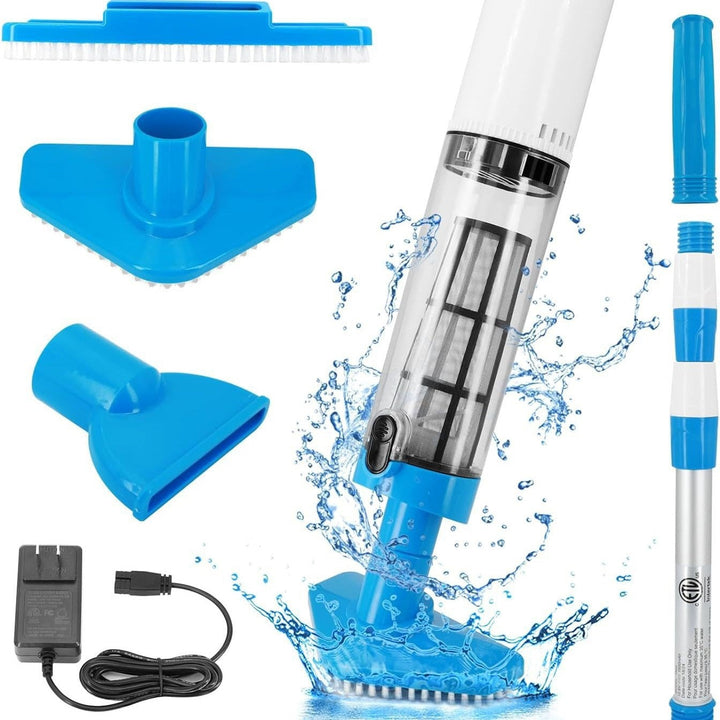 Rechargeable handheld pool vacuum kit with interchangeable brush heads and telescopic pole Stornfield
