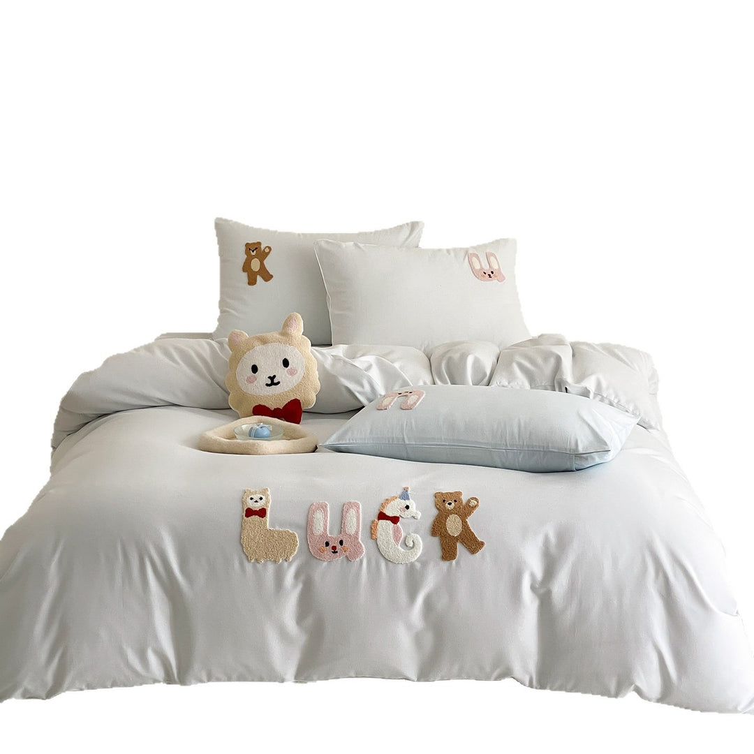 Children's Playful Appliqué Cotton Duvet Cover Set with Pillow Shams & Plush Accent