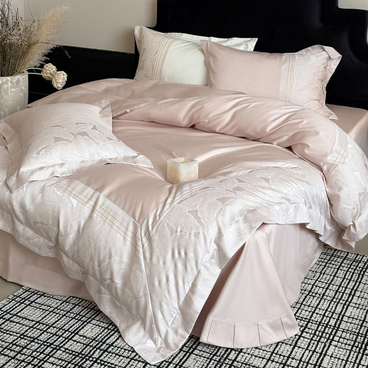 Luxury Satin Jacquard Floral Duvet Cover Set with Pleated Bed Skirt