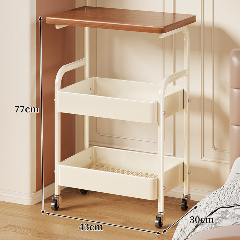 Narrow Rolling Utility Trolley with Walnut Top and Dual Deep Metal Bins