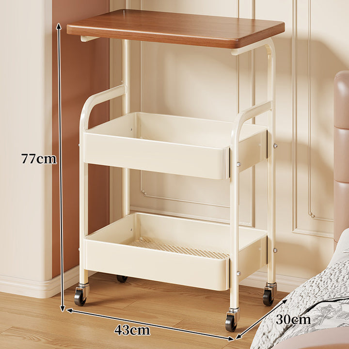 Narrow Rolling Utility Trolley with Walnut Top and Dual Deep Metal Bins