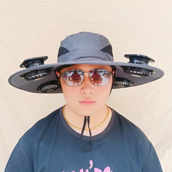 Wide-brimmed sun hat with detachable swivel solar fans and adjustable chin strap Stornfield