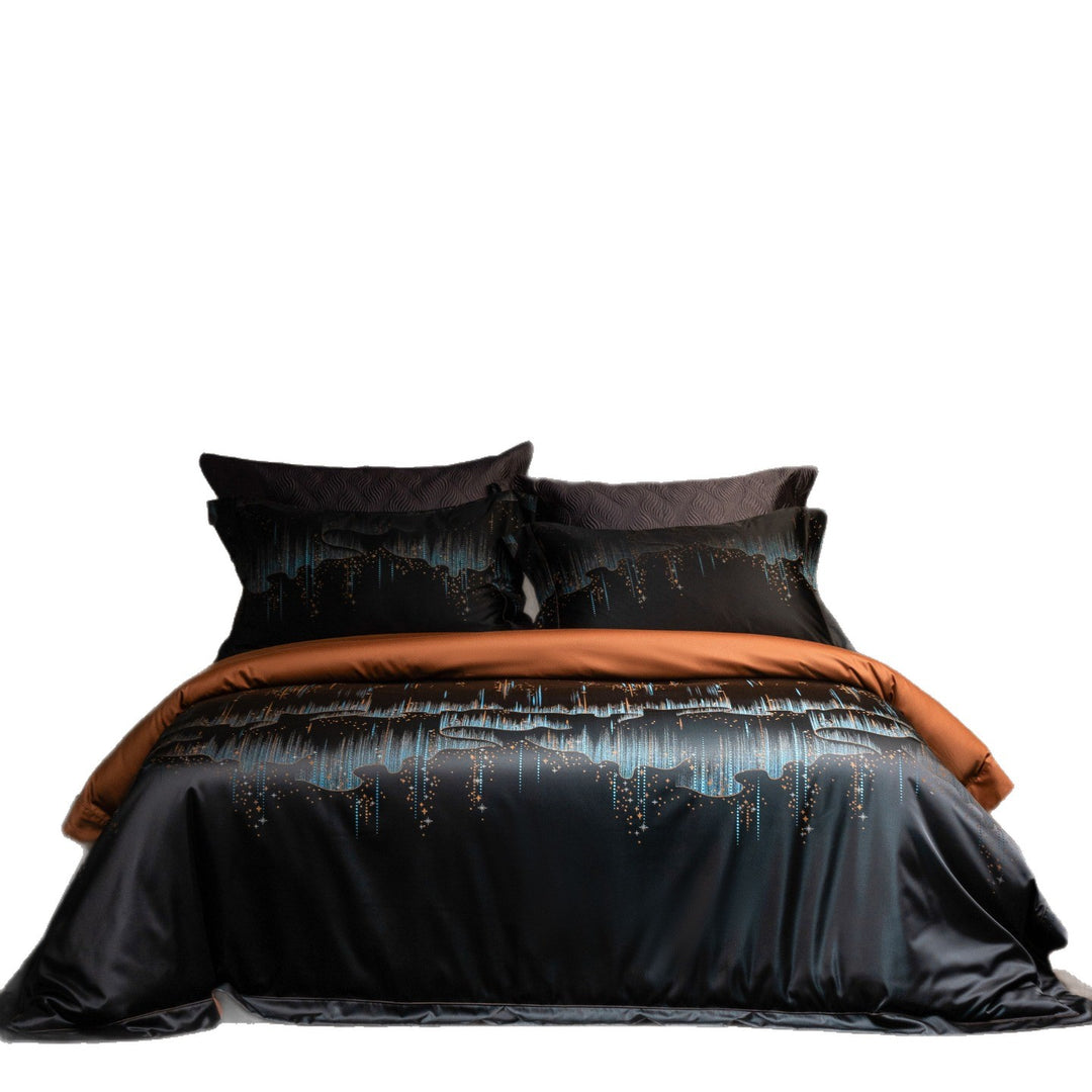 Luxurious satin bedding set with jacquard lace pattern and decorative pillow