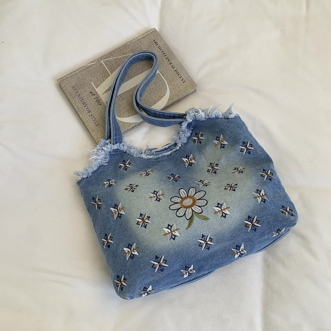 Floral Embroidered Denim Tote Bag