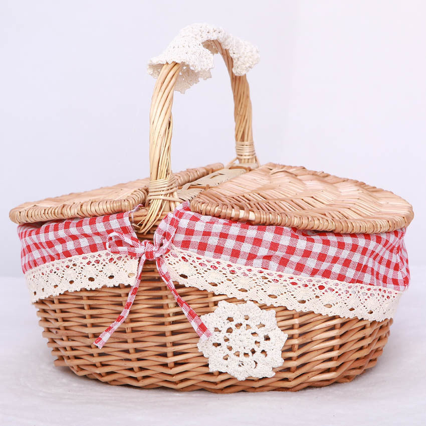 Women's braided basket with checkered fabric insert and decorative lace embellishment Stornfield