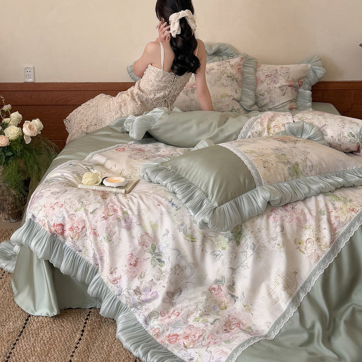 Romantic Vintage-Style Pleated Ruffle Duvet Cover Set with Floral Panel and Lace Inset