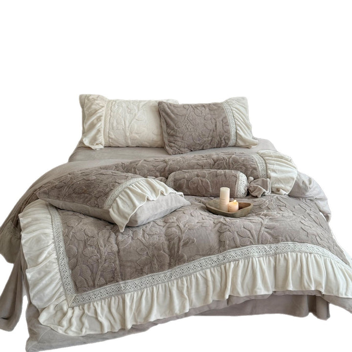 Plush Botanical Relief Duvet Cover & Ruffled Skirt Bedding Set