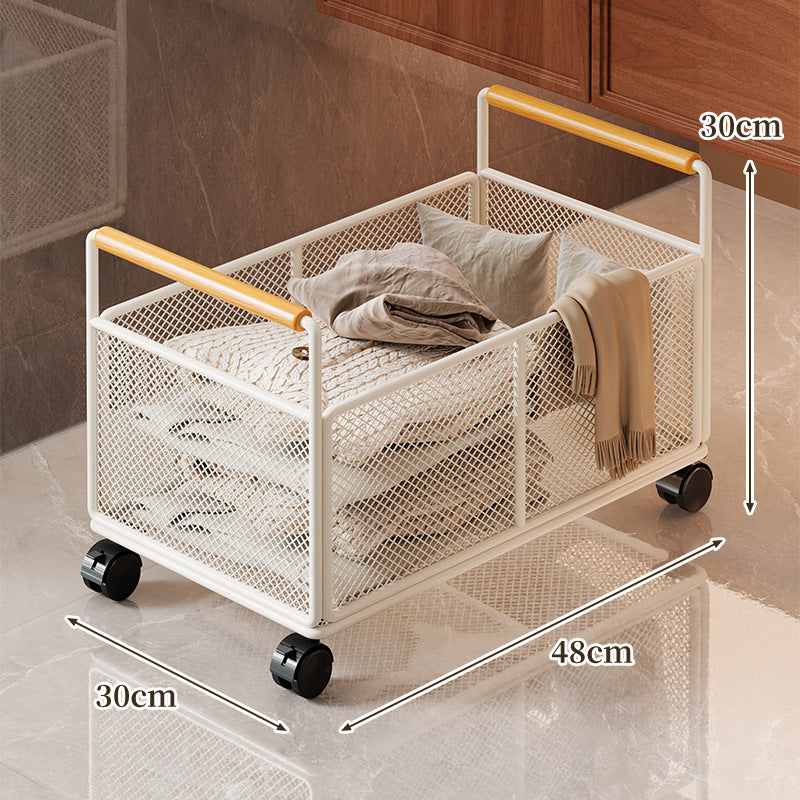 Freestanding Mesh Storage Crate with Wooden Grip Handles for Living Room and Laundry