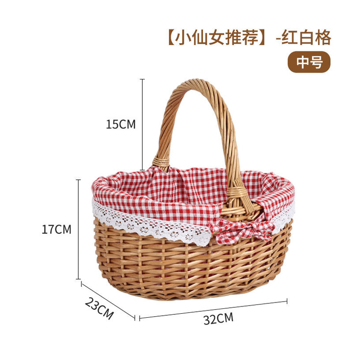 Women's braided basket with checkered fabric insert and decorative lace embellishment Stornfield