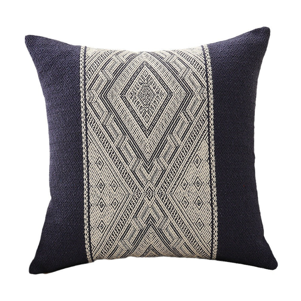 Square woven decorative cushion cover with central ethnic jacquard stripe and textured cotton blend