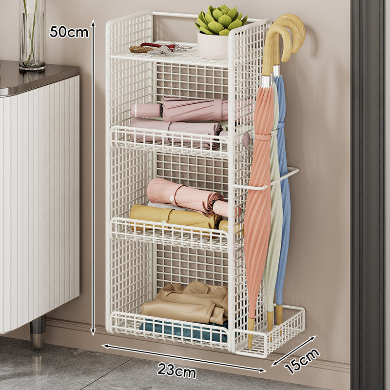 Wall-Mounted Mesh Entryway Organizer with Three-Tier Shelves and Side Umbrella Rack