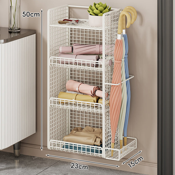 Wall-Mounted Mesh Entryway Organizer with Three-Tier Shelves and Side Umbrella Rack