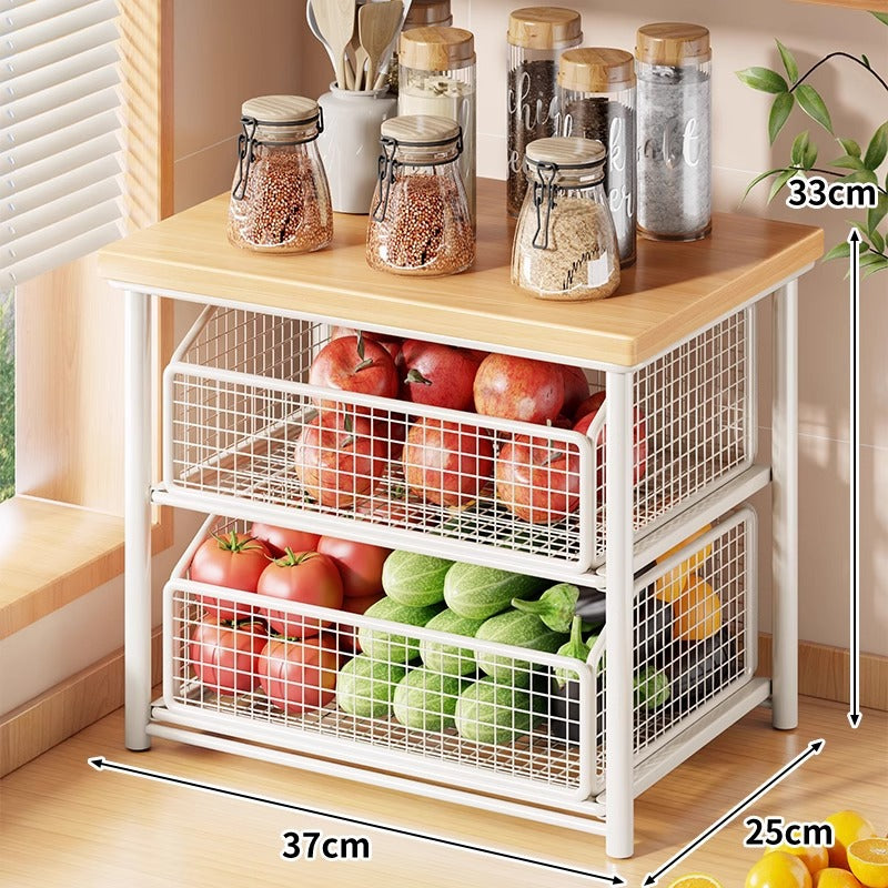 Countertop Bamboo-Top Metal Mesh Sliding Storage Shelf with Pull-Out Basket