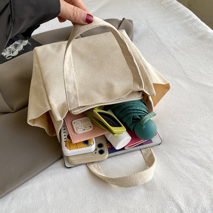 Textured Corduroy Tote Bag with Cute Plush Charm