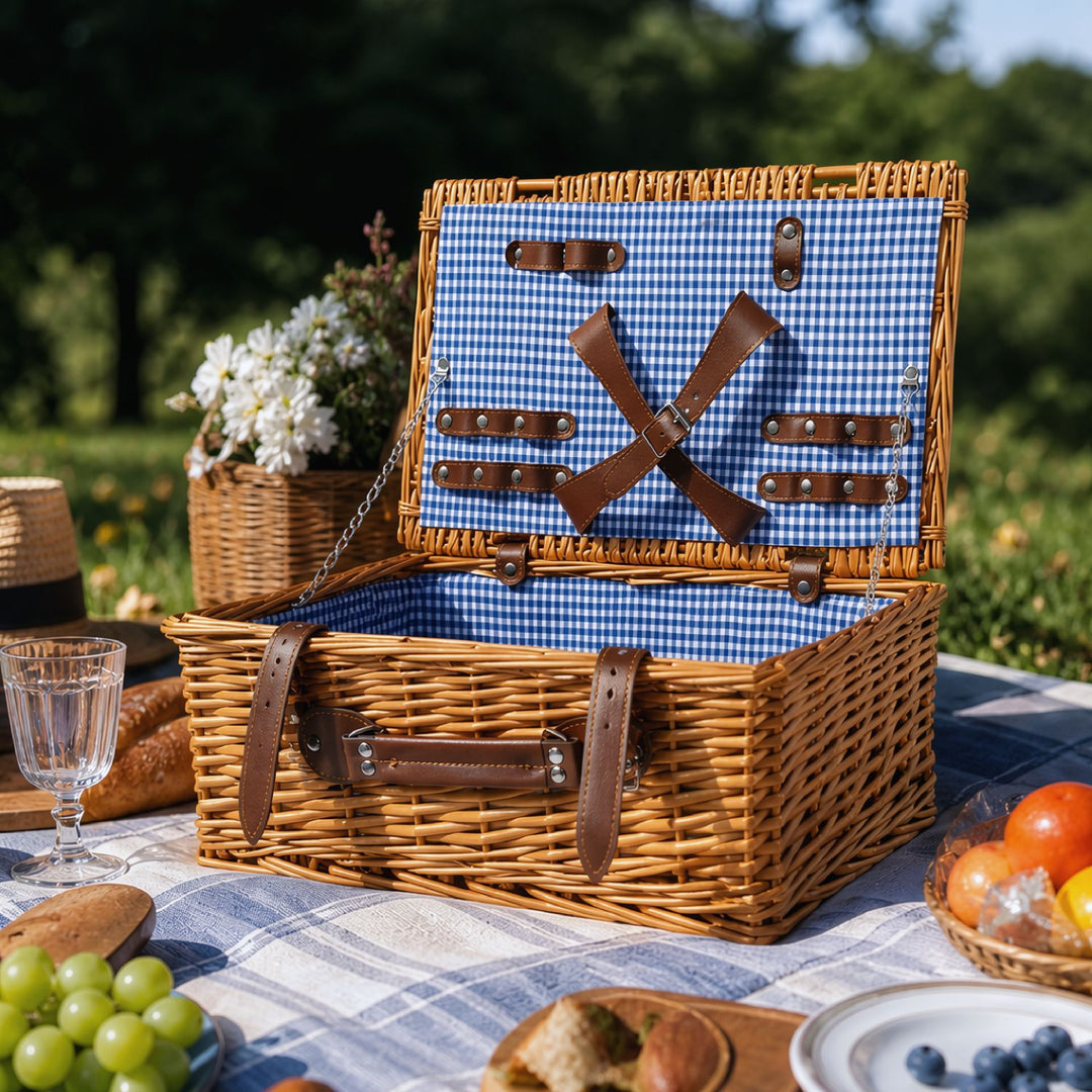 Ladies Luxury Picnic Basket with Offset Dish Compartment and Floral Lining Stornfield