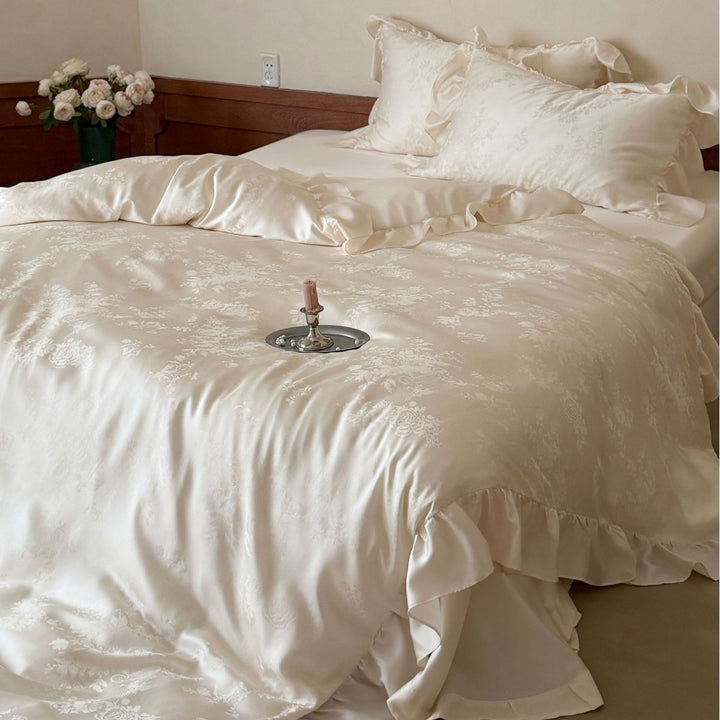 Luxury Satin Ruffled Duvet Cover Set with Jacquard Floral Weave