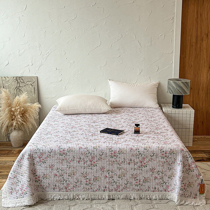 Quilted Bedspread Coverlet with Ruffled Edge and Mini Floral Print