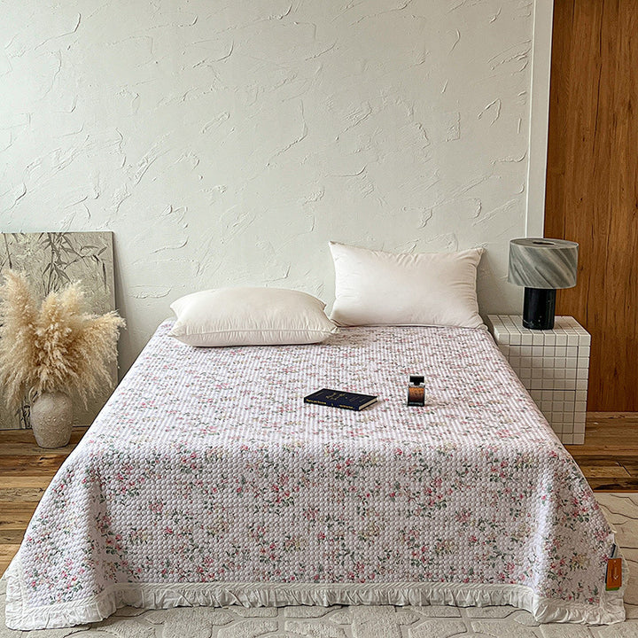 Quilted Bedspread Coverlet with Ruffled Edge and Mini Floral Print