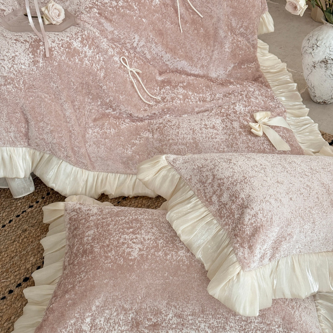 Luxury Crushed Velvet Ruffled Duvet Cover Set with Satin Bows