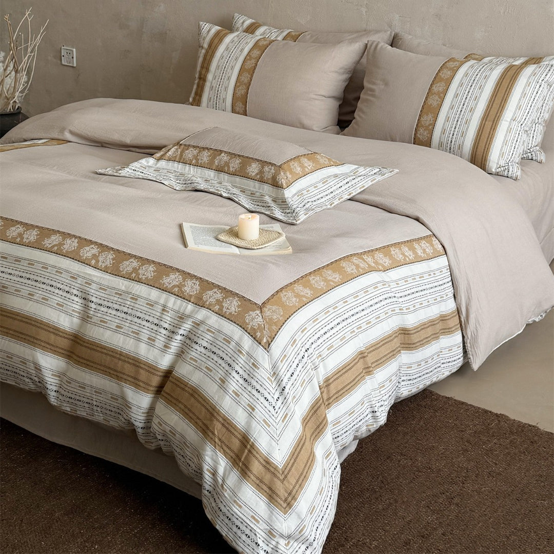 Reversible Cotton-Linen Blend Duvet Cover Set with Decorative Border and Striped Pillow Shams