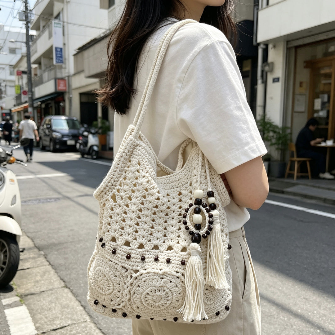 Hand-crocheted shoulder bag with unique fringe design Stornfield
