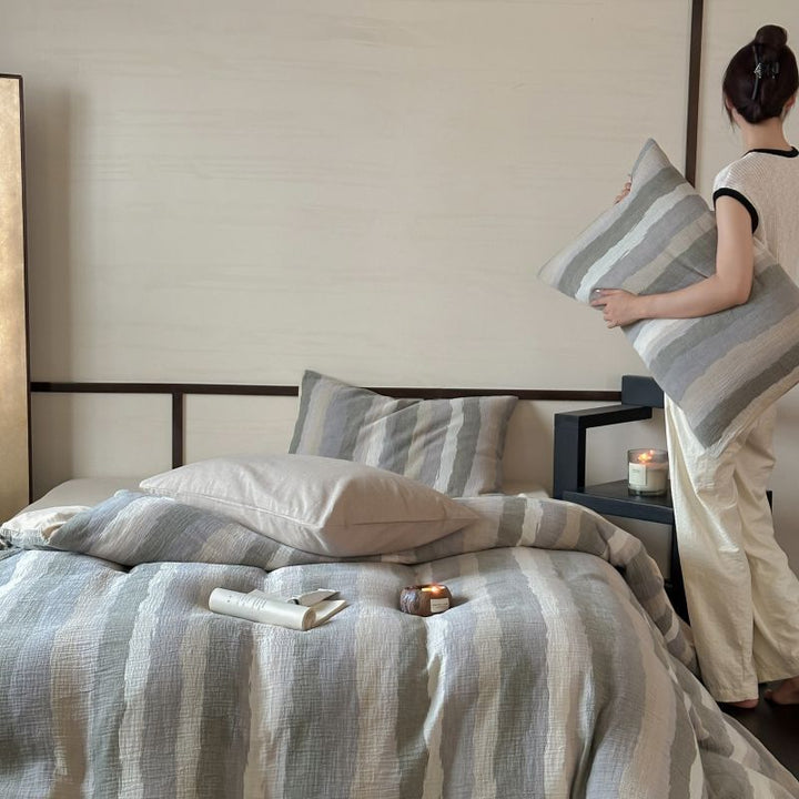 Pastel Striped Cotton-Linen Duvet Cover Set with Textured Seersucker Finish