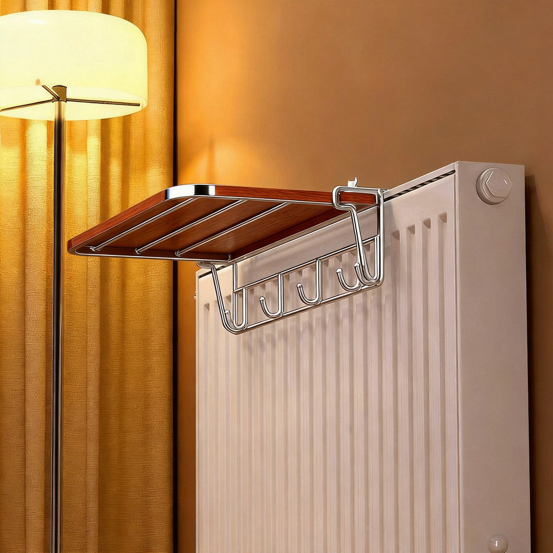 Radiator-Mounted Foldable Drying Rack with Shoe Shelf and Multi-Hook Garment Rail